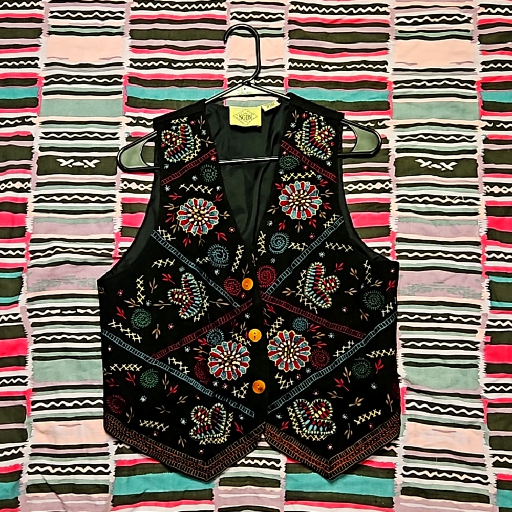 Autumn Embroidered Embellished Vintage Brown Wool Blend Vest Sz. M